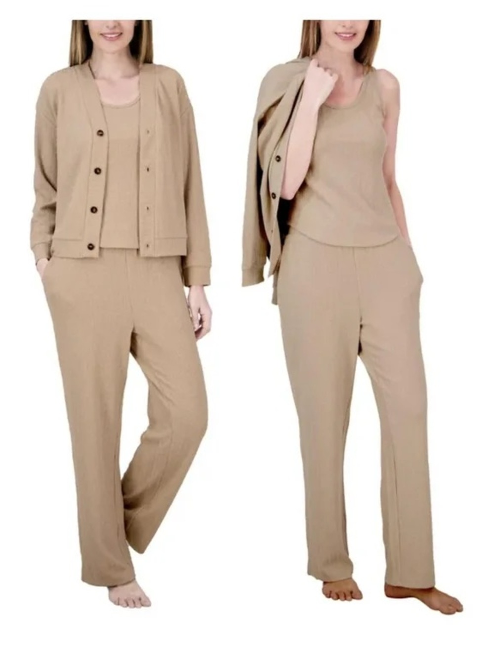 NEW Live2Lounge Women’s Relaxed Knit Tank & Wide-Leg Pants Set - Tan